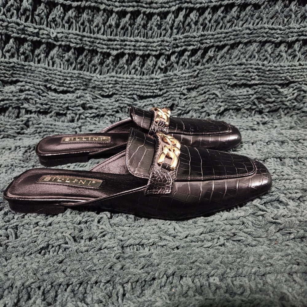 Billini Holmes Black Croc-Embossed Mules with Gold Chain